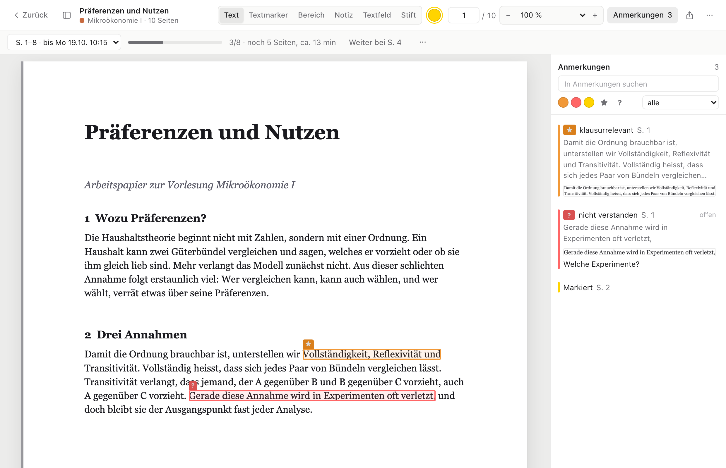 Reader mit markiertem Text, Frist bis zur Sitzung und Lesefortschritt